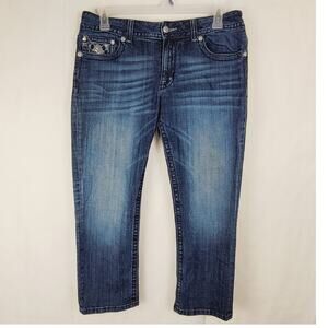 Miss Me dark wash Boyfriend Capri rhinestone sequin pockets Size 31 Glam Y2K